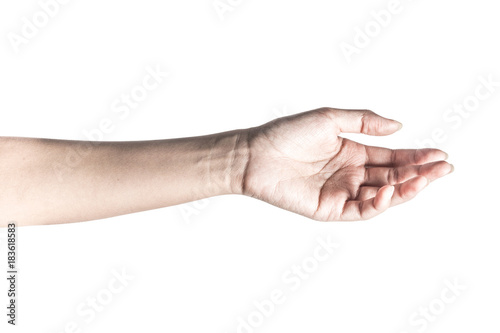 Hand open and ready to help or receive. Gesture isolated on white background with clipping path.