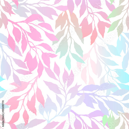 Multicolored gradient leafs and branches on a white background  bright floral pattern  romantic seamless background. Vector illustration.