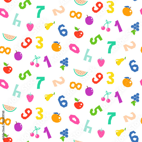 Kid number and fruits bright seamless vector pattern. Funny math repeat background.