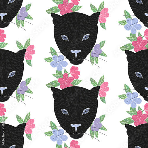 Sticker Seamless background with a black wild cats and flowers