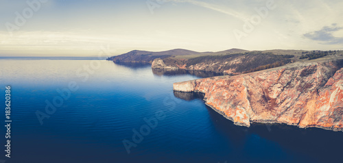 ProRes. Baikal lake shore and rocks from aerial view. Landscape.