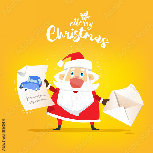 Santa Claus receive a letter of wish about car. Vector, flat