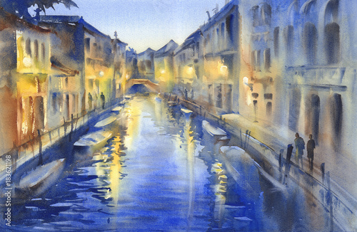 Venetian night lights watercolor