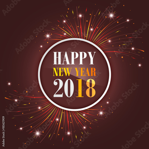 New Year greetings 2018 with fireworks, sparkle, stars and glitter.