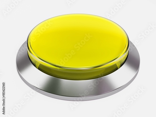 3d yellow shiny button. Round glass web icons with chrome frame on white background. 3d illustration