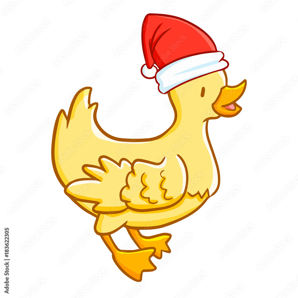 Funny and cute little chicken wearing Santa's hat for Christmas and smiling - vector.