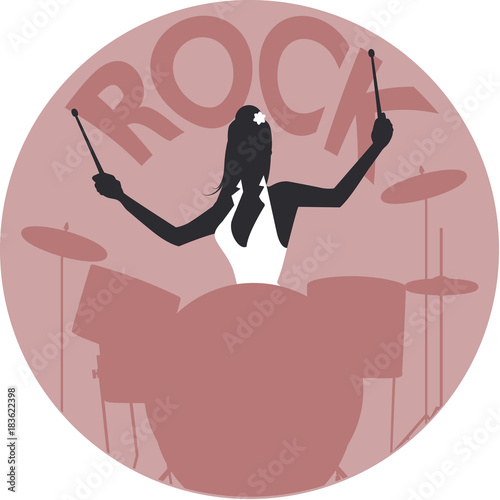Musical style. Rock. Silhouette of girl playing the drums