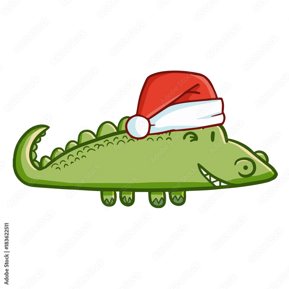 Naklejka premium Funny and cute crocodile wearing Santa's hat and smiling - vector.