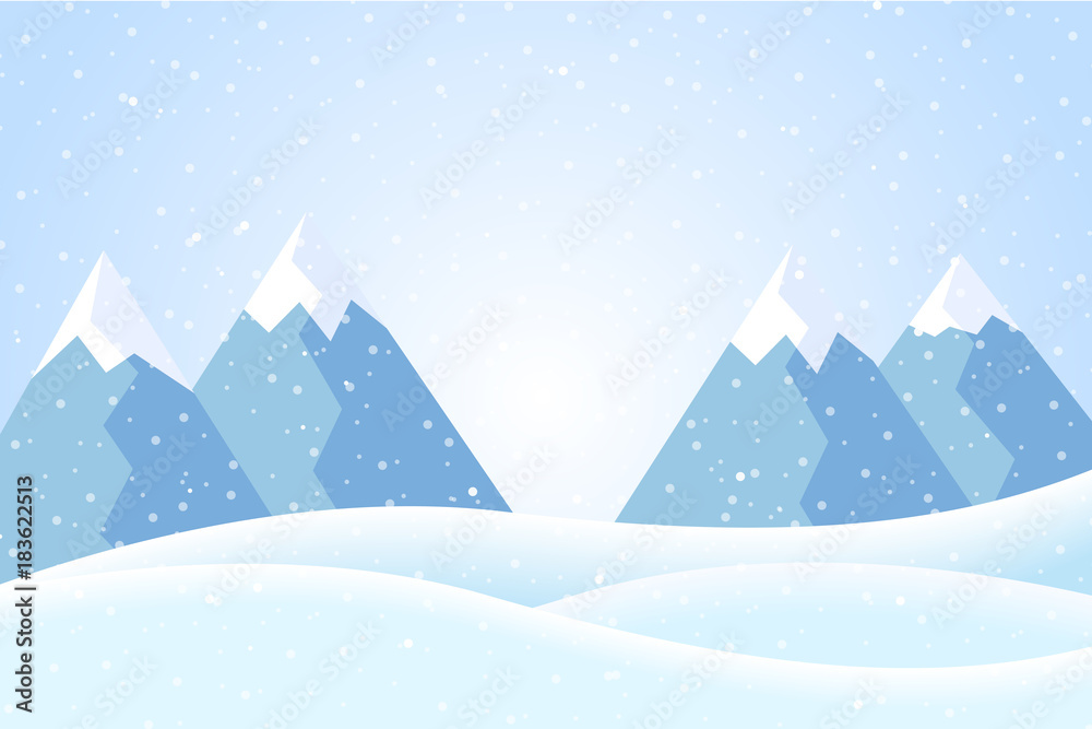 Vector illustration of winter mountain landscape with snow and blue sky, suitable as Christmas card