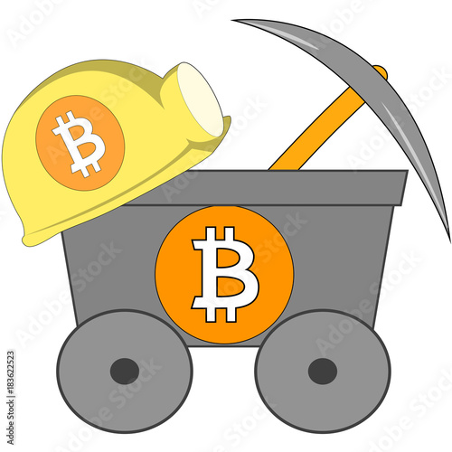 vector mining trolley with pick, helmet and bitcoin symbol