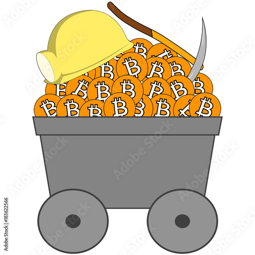 vector mining trolley with pick, helmet and bitcoin symbol