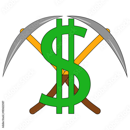 vector dollar symbol and two contralateral mining picks