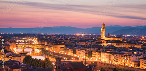 A fabulous panoramic view of Florence from Michelangelo Square in the evening lights. It is a pilgrimage of tourists and romantics. Duomo Cathedral. Italy  Tuscany