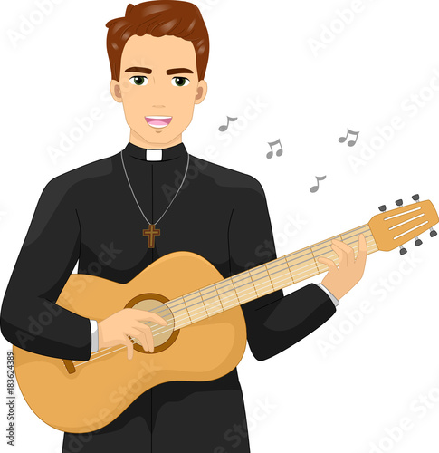 Man Priest Play Guitar Sing Illustration