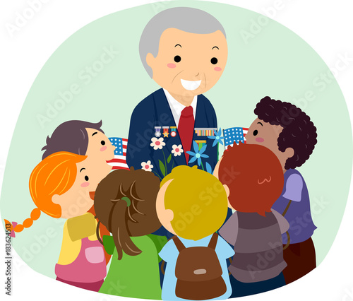 Senior Man Stickman Kids Veteran Illustration