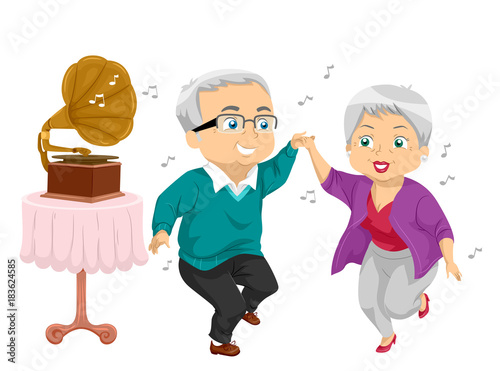 Senior Couple Gramophone Dance Illustration