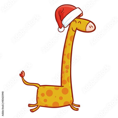 Cute and funny giraffe running wearing Santa's hat for Christmas and smiling - vector.
