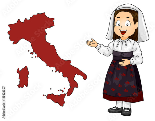 Kid Girl Map Italy Illustra...