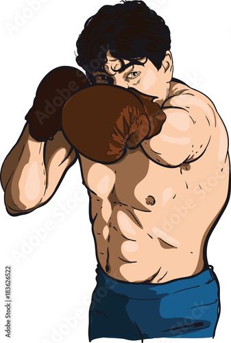 Strong muscular man boxing and striking with his left hand