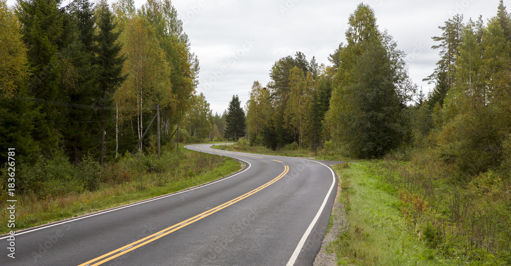 Curvy asphalt road on autumn day in Finland. Yellow lines and clean road. Highway to drive.