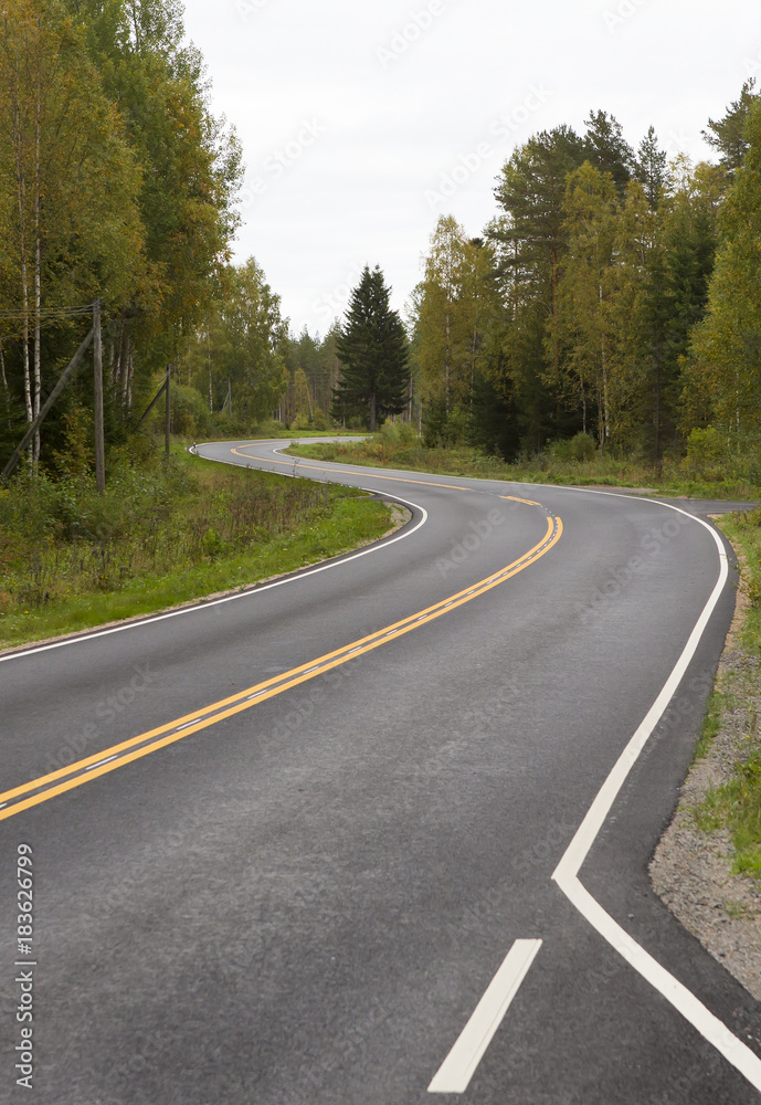 Curvy asphalt road on autumn day in Finland. Yellow lines and clean road. Highway to drive.
