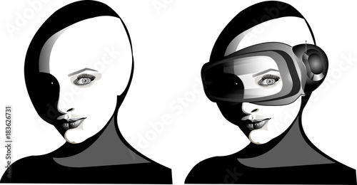 Virtual and augmented reality cyberpunk future girl black and white stylish illustration vector
