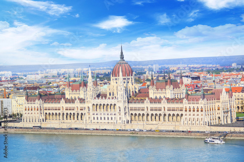 Beautiful view of the Hungarian Parliament on the Danube waterfront in Budapest, Hungary