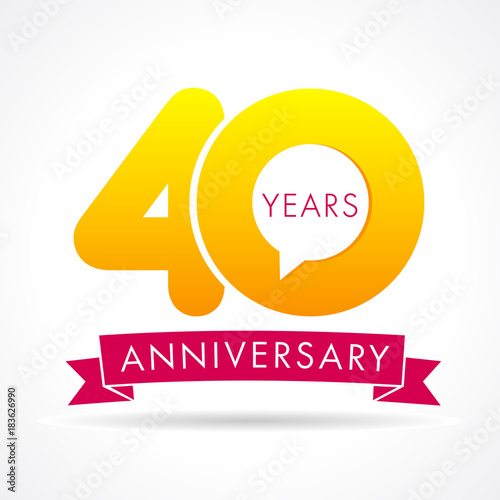 40 years anniversary communication logo. 40th year birthday logotype label, yellow vector number sign and pink ribbon isolated