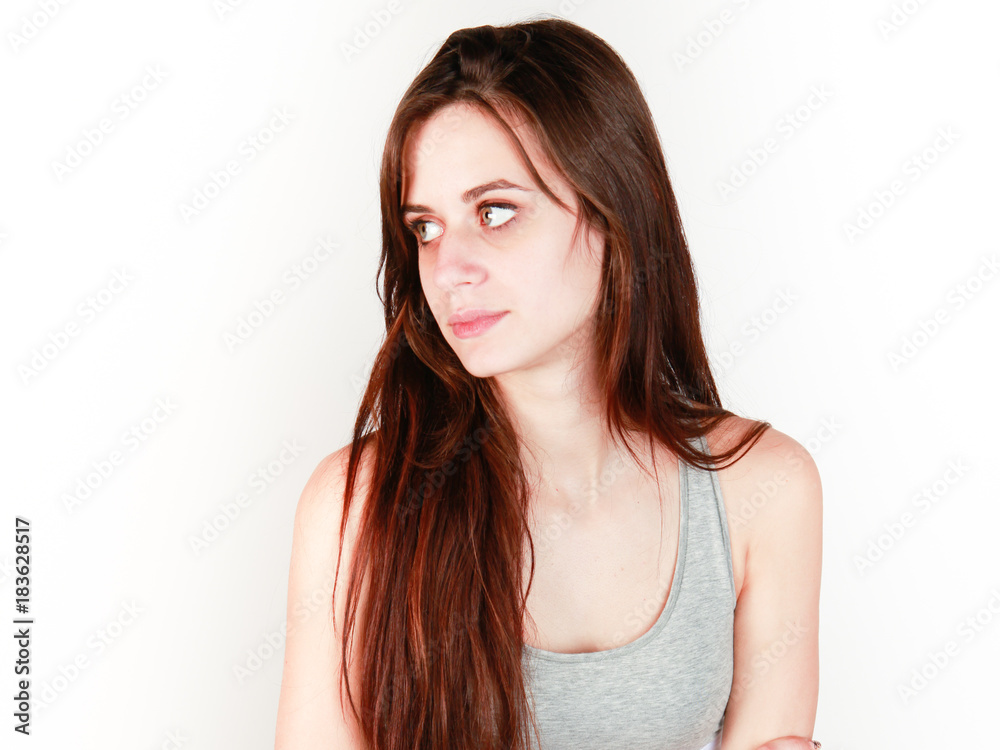beautiful, slim girl with long hair looks to the side beautiful, slim girl with long hair looks to the side