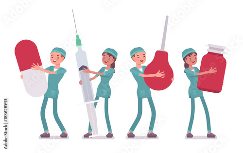 Male and female nurse with big tools