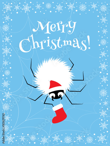 Christmas greeting card. Vector Illustration of a white fluffy spider in a santa hat sitting on a web and peeking into a stocking. Light blue background, frame made of snowflakes, vertical format.