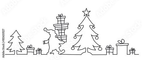 Continuous Line Art Drawing. Weihnachtsmann legt Geschenke unter den Weihnachtsbaum. Grußkarte photo