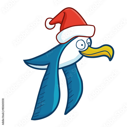 Cute and funny blue seagull wearing Santa's hat for Christmas and smiling - vector.