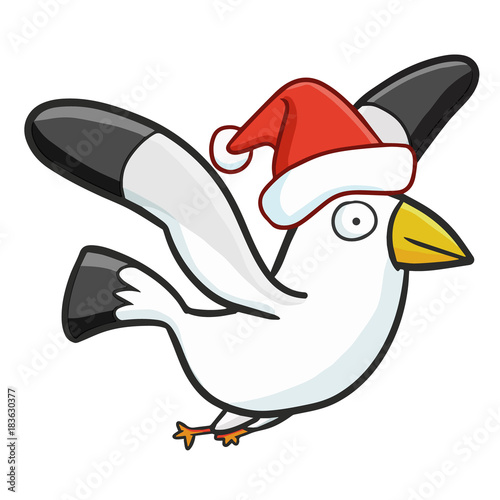 Funny and cute seagull wearing Santa's hat and smiling - vector.