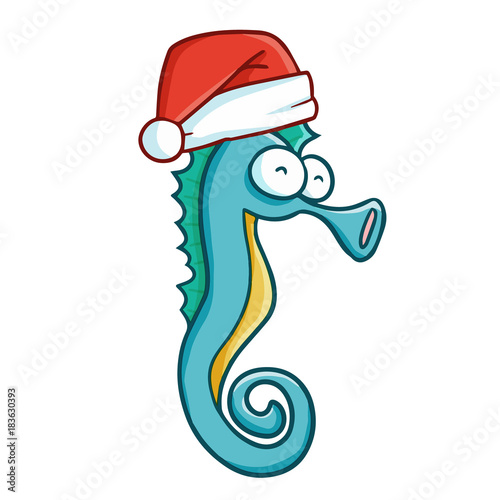 Cute and funny blue seahorse wearing Santa's hat for Christmas and smiling - vector.
