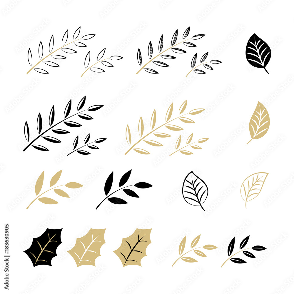 Set of Christmas elements for typographic design. Leaves, branches, berries in black and gold colour scheme. Vector illustration in modern style. Set of Christmas elements for typographic design. Leaves, branches, berries in black and gold colour scheme. Vector illustration in modern style.
