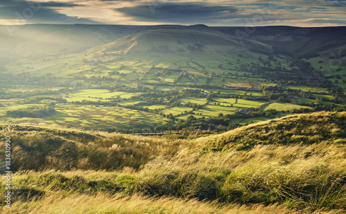 Scenic Edale Valley in Warm Sunset Light. photo