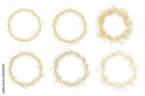 A set of Christmas wreaths made of golden branches. Basis for design. Vector illustration in a modern style.