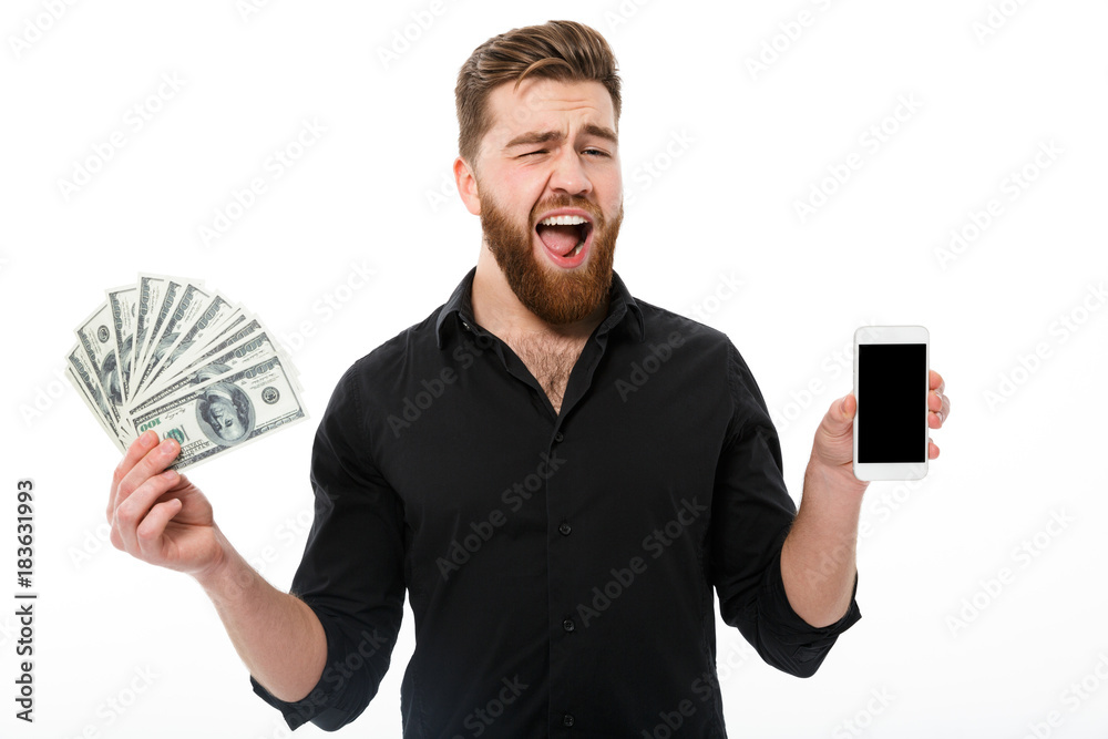 Happy bearded business man in shirt holding money Happy bearded business man in shirt holding money