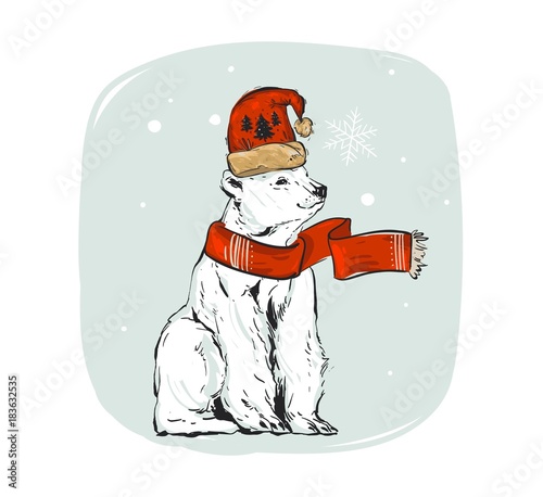 Hand drawn vector abstract fun cartoon Merry Christmas time ink shabby drawing illustration design element with polar bear in Santa Claus hat and scarf isolated on white background