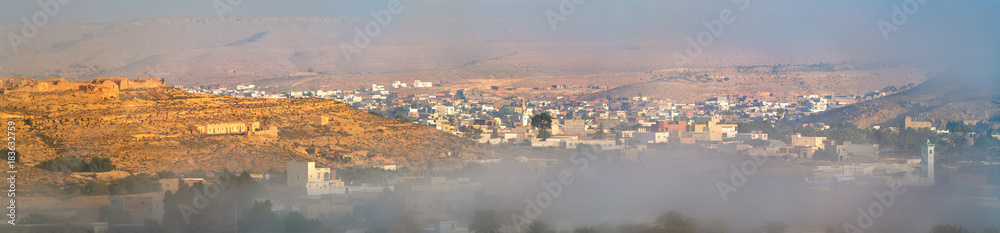Panorama of Tataouine in the morning fog. Southern Tunisia
