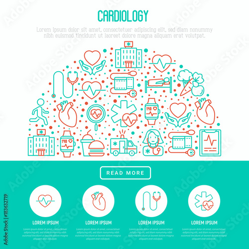 Cardiology concept in half circle with thin line icons set: cardiologist, stethoscope, hospital, pulsometer, cardiogram, heartbeat. Modern vector illustration for banner, web page, print media.