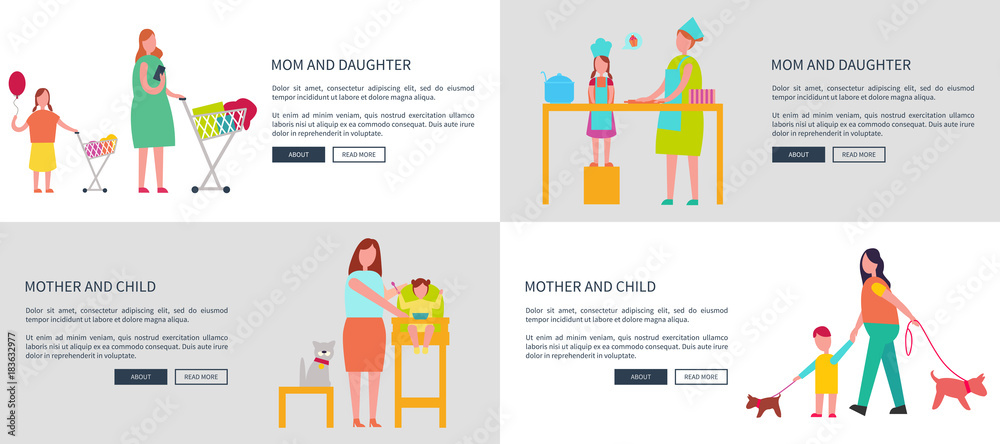 Mom and Daughter, Mother with Child Vector Web Set