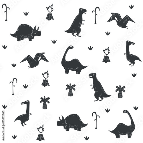 Vector dinosaur pattern. Dino seamless prehistoric plants white background