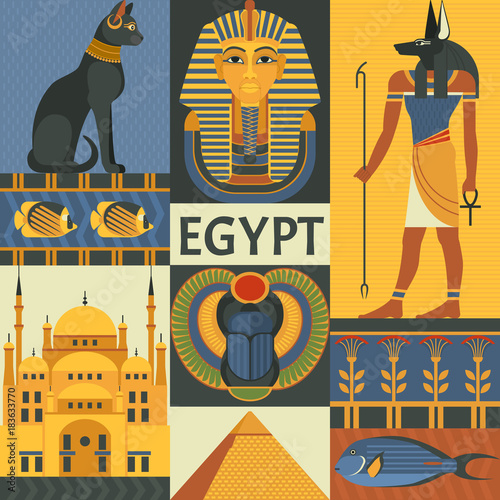 Egypt travel poster concept. Vector illustration with Egyptian culture and nature images, including pyramid, Anubis, Bastet, Tutankhamen, scarab and mosque. Isolated on background.