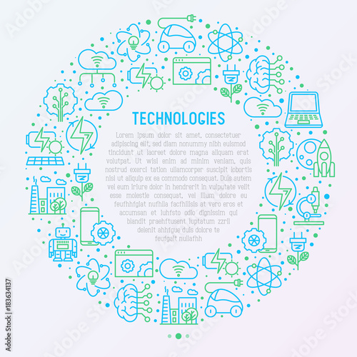 Wallpaper Mural Technologies concept in circle with thin line icons of: electric car, rocket, robotics, solar battery, machine intelligence, web development. Vector illustration for banner, web page, print media. Torontodigital.ca