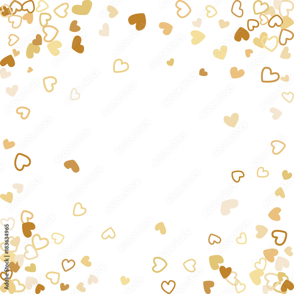 Flying gold hearts frame vector border. Background illustration with heart confetti love symbols for wedding invitation card template, Valentine's day love holiday banner frame in gold color. Flying gold hearts frame vector border. Background illustration with heart confetti love symbols for wedding invitation card template, Valentine's day love holiday banner frame in gold color.