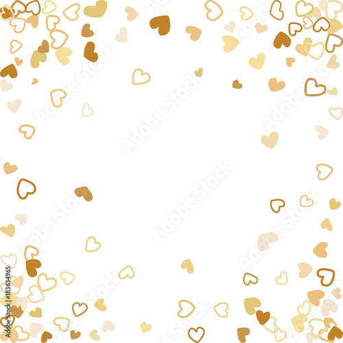 Flying gold hearts frame vector border. Background illustration with heart confetti love symbols for wedding invitation card template, Valentine's day love holiday banner frame in gold color.