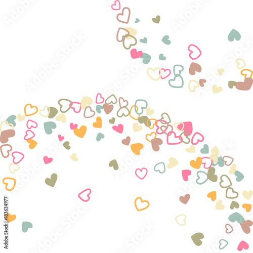 Fototapeta Naklejka Na Ścianę i Meble -  Colorful background with heart confetti. Valentine's day greeting card or wedding background party design. Flat style vector illustration with heart doodles confetti love symbols in pastel colors.