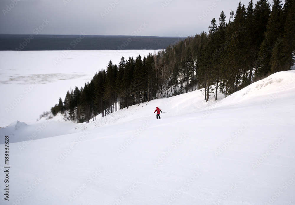 A skier is skiing down the slope in a forest.